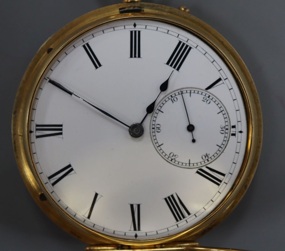 A late Victorian 18ct gold keyless lever half hunter pocket watch, by Jays numbered 1883.